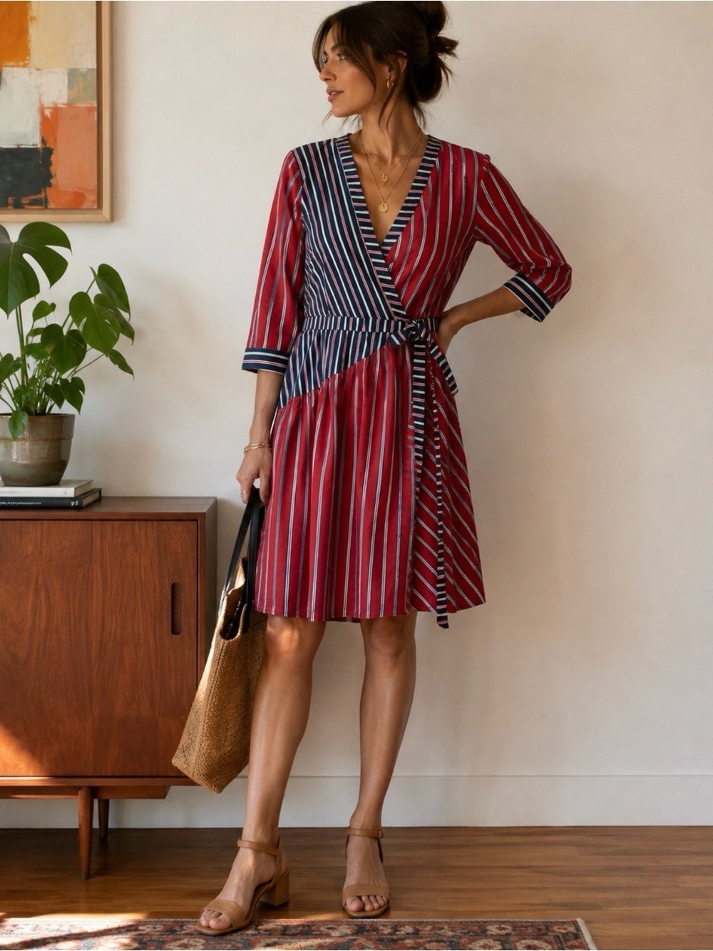 BCBG Striped Wrap Dress in Red and Navy